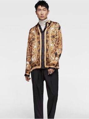 Zara Men's Baroque Leopard Print Viscose  Shirt - Gold Black